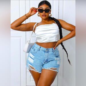 Button Ripped High Waist Denim Shorts, Fashion Casual Pocket Shorts